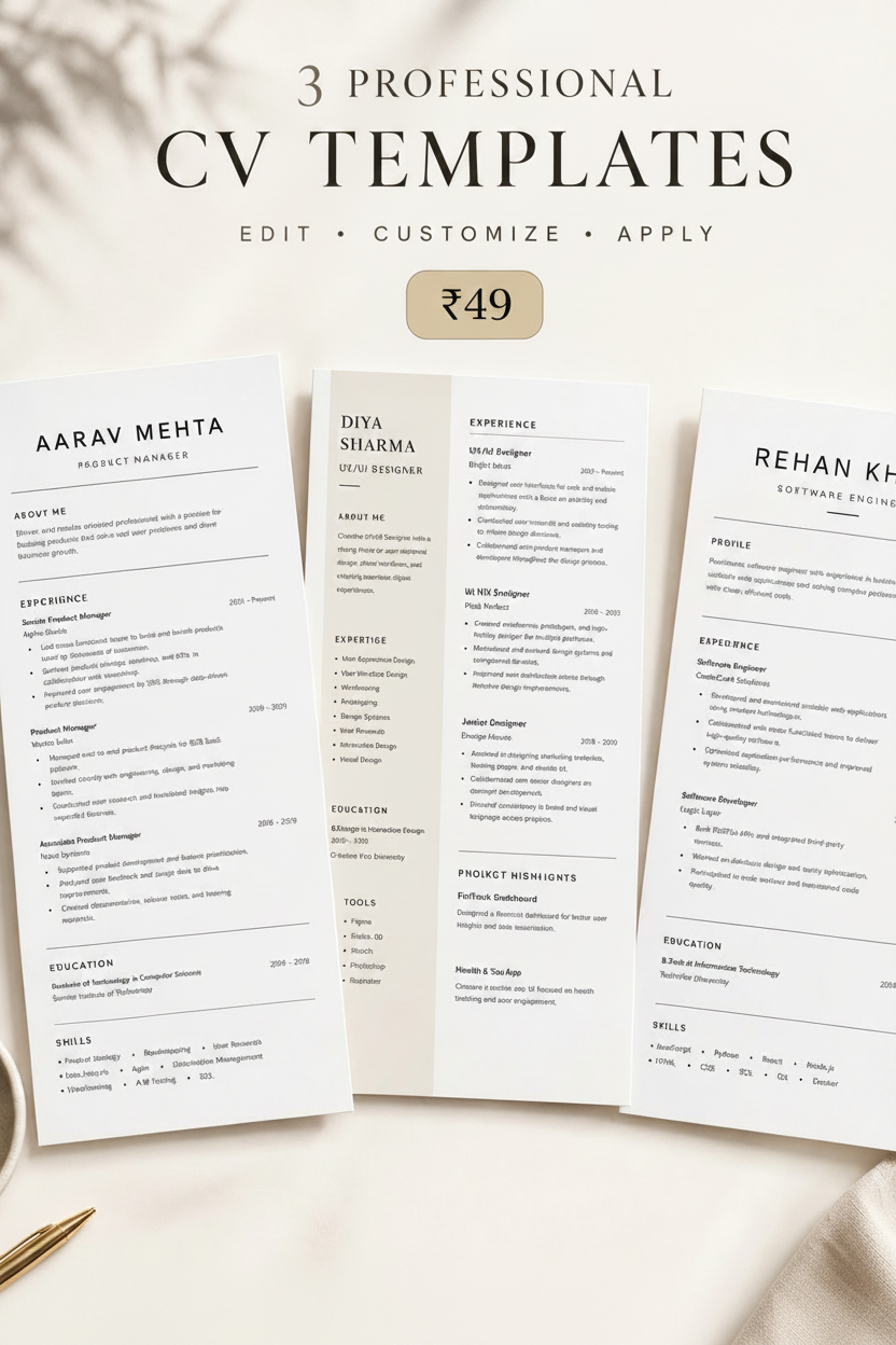 3 Professional CV Templates for Job Seekers | Editable Word Resume Templates | Fresher & Experienced | Instant Download